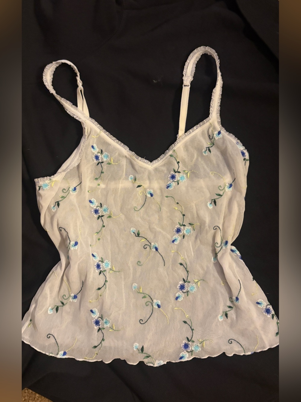 Source Unknown Ivory Sheer Floral Embroidered Camisole with Blue Accents